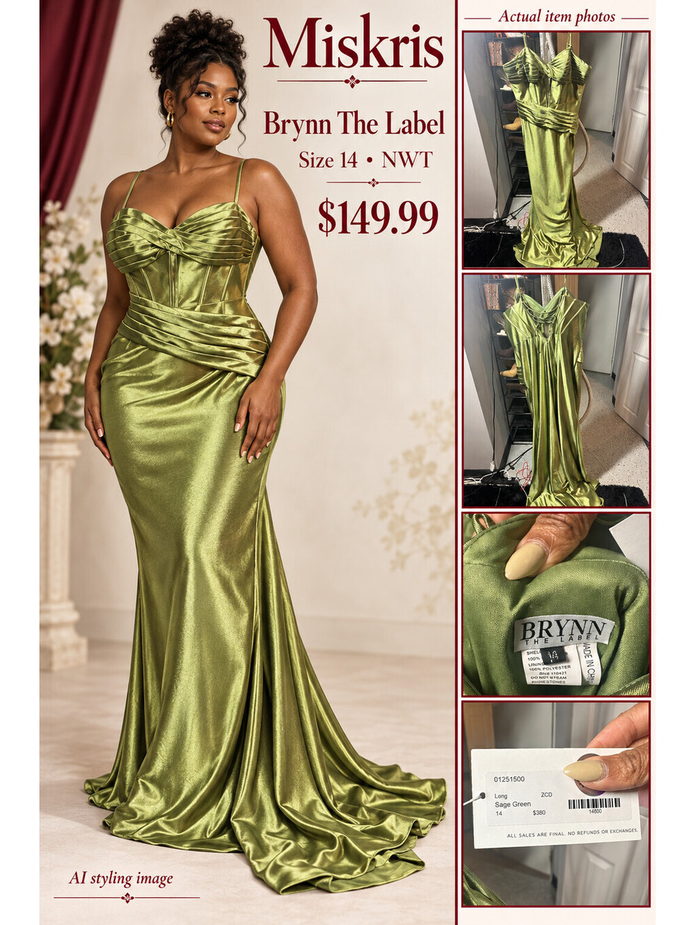 NWT Brynn The Label Sage Green Metallic Corset Gown Size 14 Lace Up Prom Dress